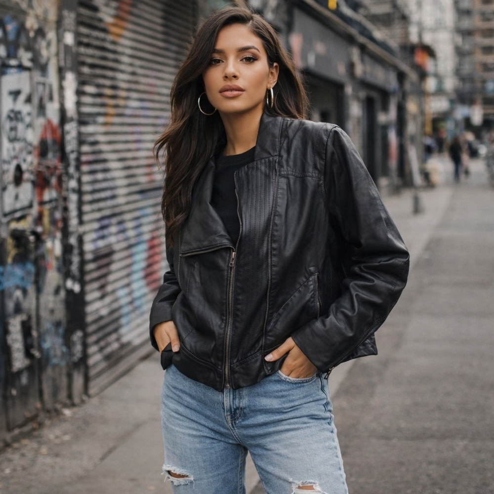 Blank NYC Black Leather Moto Jacket | Asymmetrical Zip Biker Jacket Edgy Street